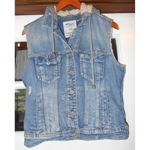 Womens Silver Jeans Denim Vest Size L Light Wash Distressed  W detachable Hood